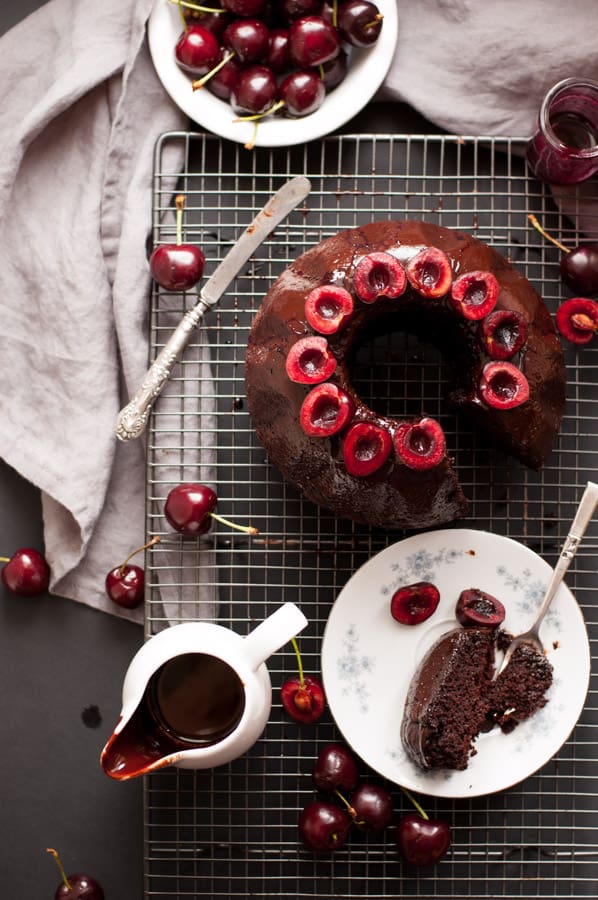 Delicious cherry chocolate bundt cake, deep and rich in flavor, easy to make and ready in 50 mins. Incredibly tasty cake for any occasion that everyone will love! No dairy and vegan too! |http://annabanana.co/