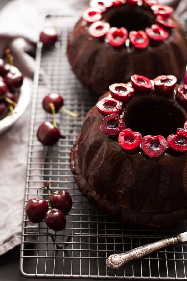 Delicious cherry chocolate bundt cake, deep and rich in flavor, easy to make and ready in 50 mins. Incredibly tasty cake for any occasion that everyone will love! No dairy and vegan too! |http://annabanana.co/