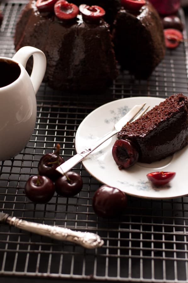 Cherry Chocolate Bundt Cake Recipe. Deep and rich in flavor, easy to make and ready in 50 mins. Incredibly tasty cake for any occasion that everyone will love! No dairy and vegan too! Yum! http://annabanana.co/