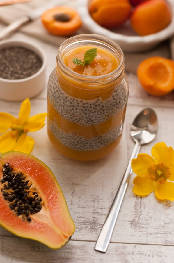 Mango, Papaya and Apricot Chia Pudding infused with Ginger. Delicious recipe for super healthy breakfast. YUM! http://annabanana.co/