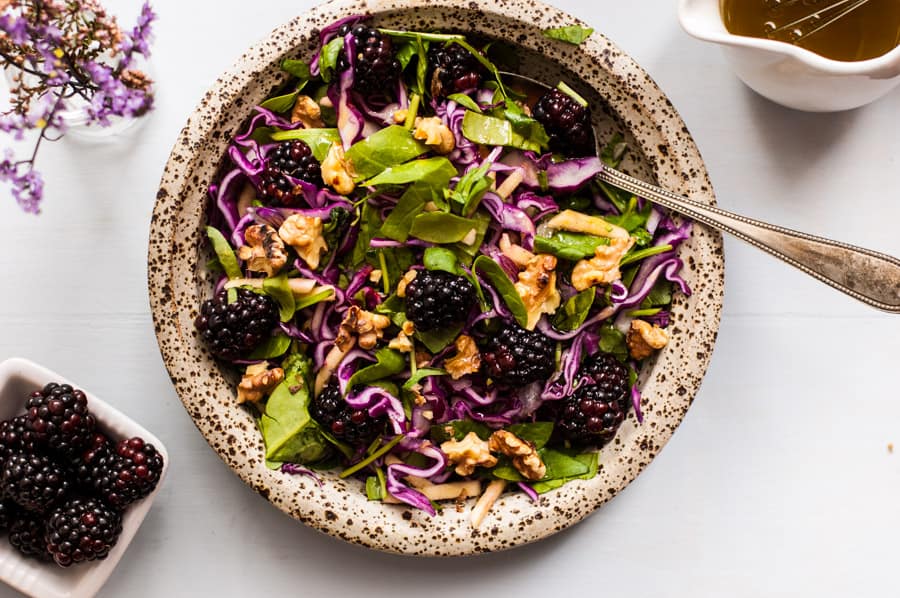 Blackberry and caraway slaw! Perfect seasonal salad recipe with red cabbage, blackberries and caraway seeds, served with mustard dressing. Great combination of flavors and really easy to prepare via@ annabanana.co