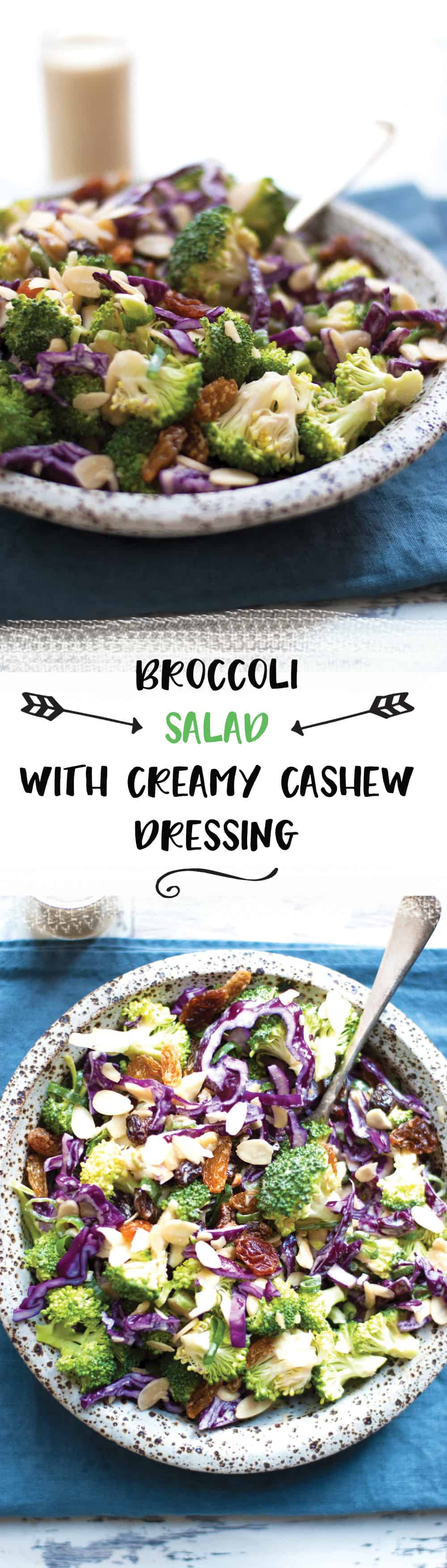 Crunchy broccoli salad with creamy cashew dressing. Quick and easy recipe, packed with all the good stuff! | via @annabanana.co
