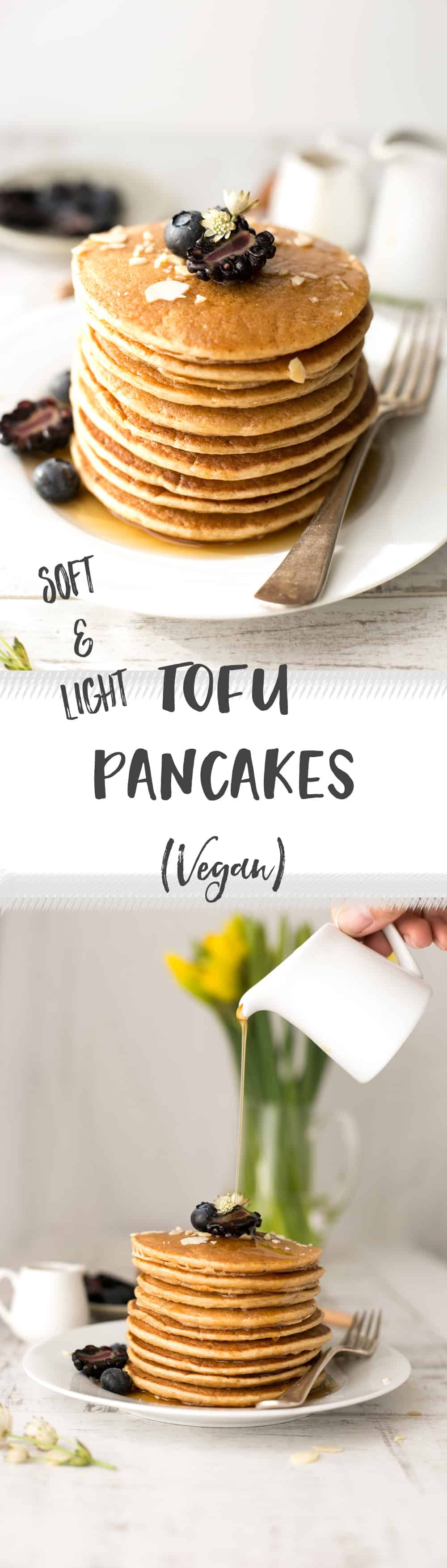 Incredibly soft and light tofu pancakes with maple syrup. Vegan and gluten- free! | via @annabanana.co