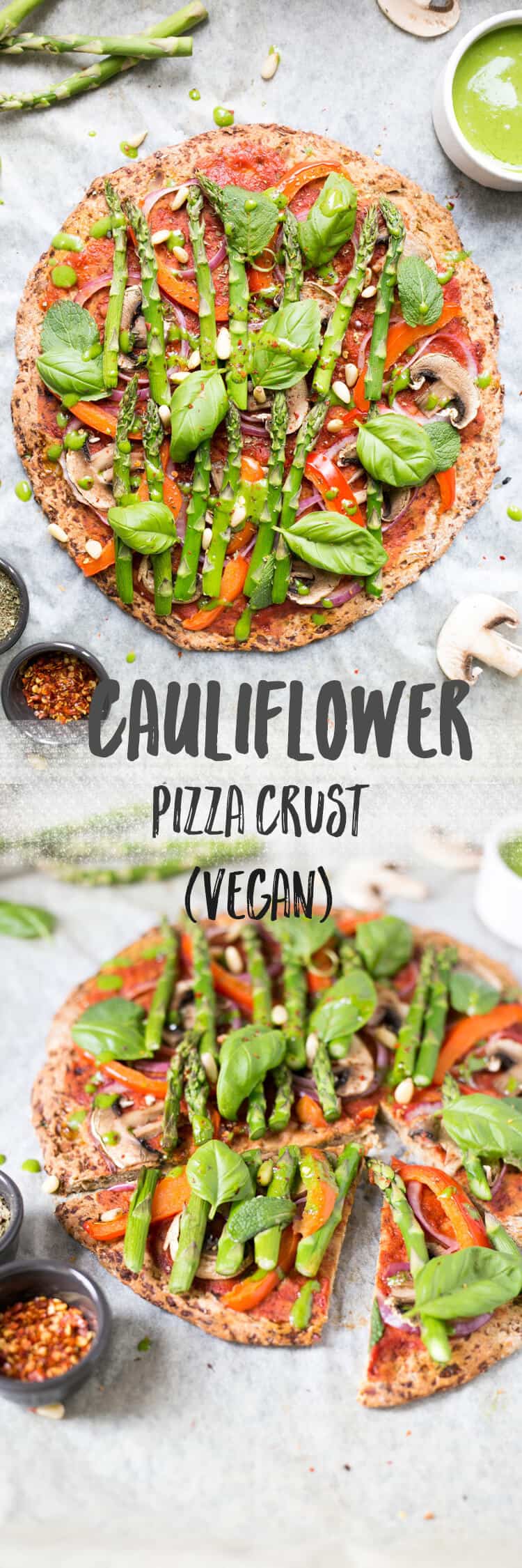 Easy cauliflower pizza crust with spinach dressing | via @annabanana.co