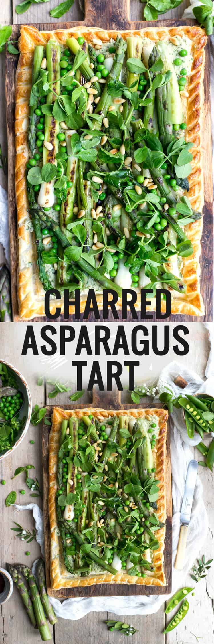 Charred Asparagus Tart with baby leeks, pea shoots and butter bean paste | via @annabanana.co