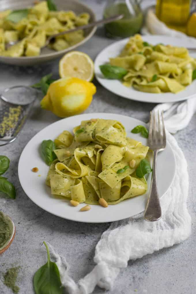 Fresh pappardelle with lemon, pesto and pine nuts | via @annabanana.co