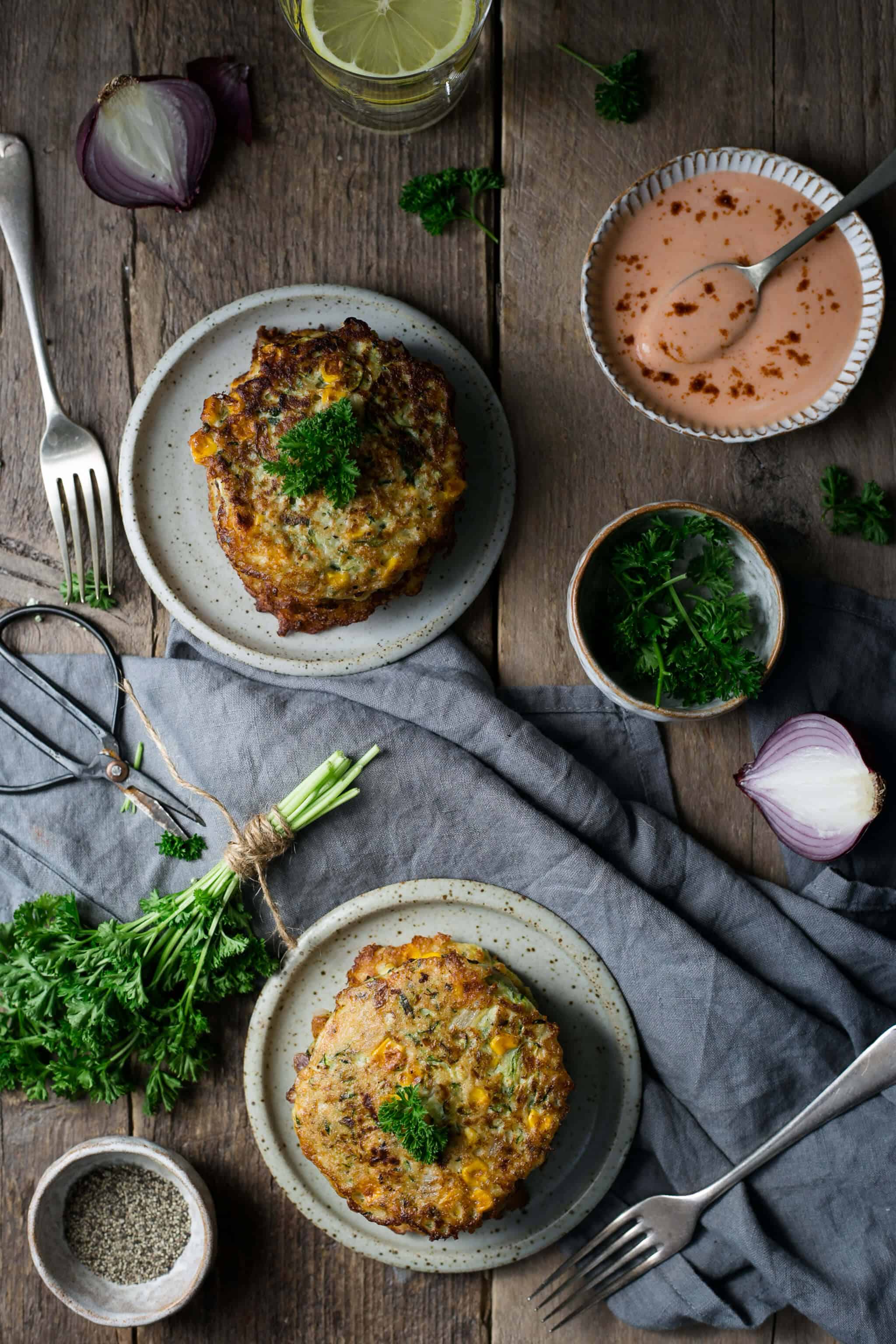 Courgette and corn fritters served with spicy dip | via @annabanana.co