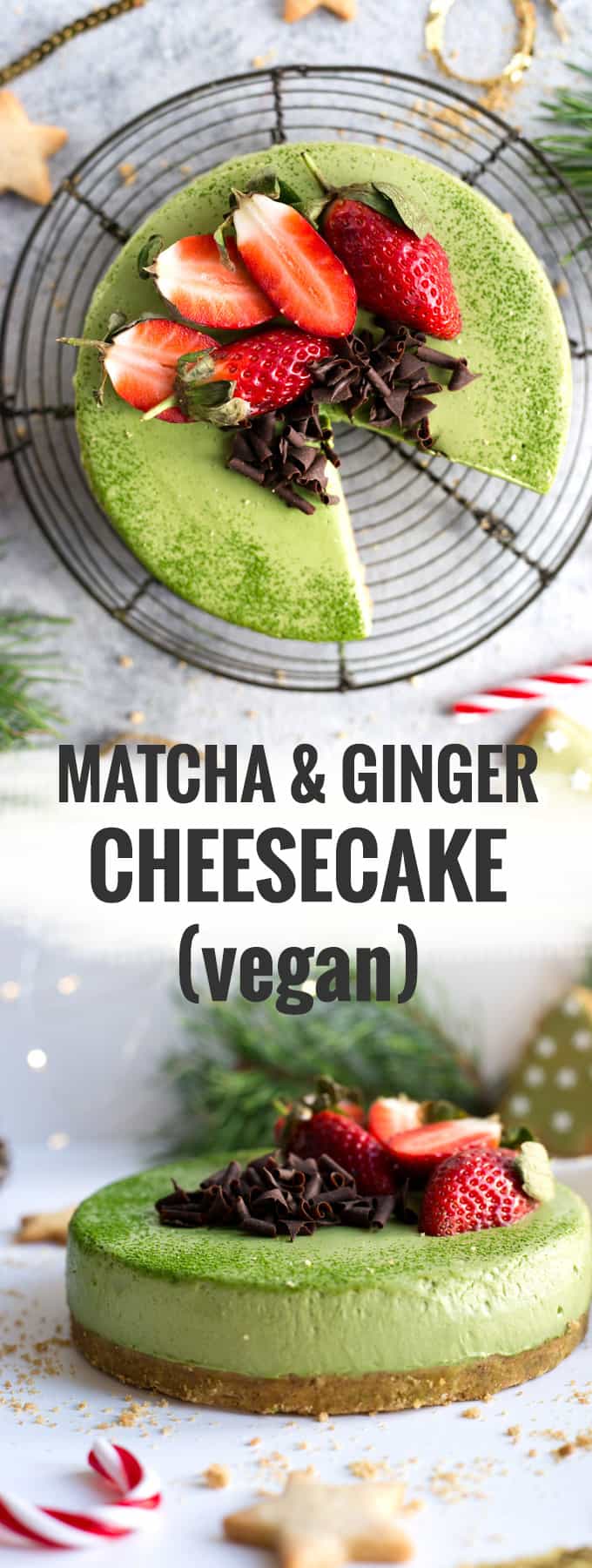 Delicious matcha cheesecake with ginger flavoured base. Velvety smooth and creamy cake, 100% vegan! #cheesecake #matcha #vegan #dairyfree