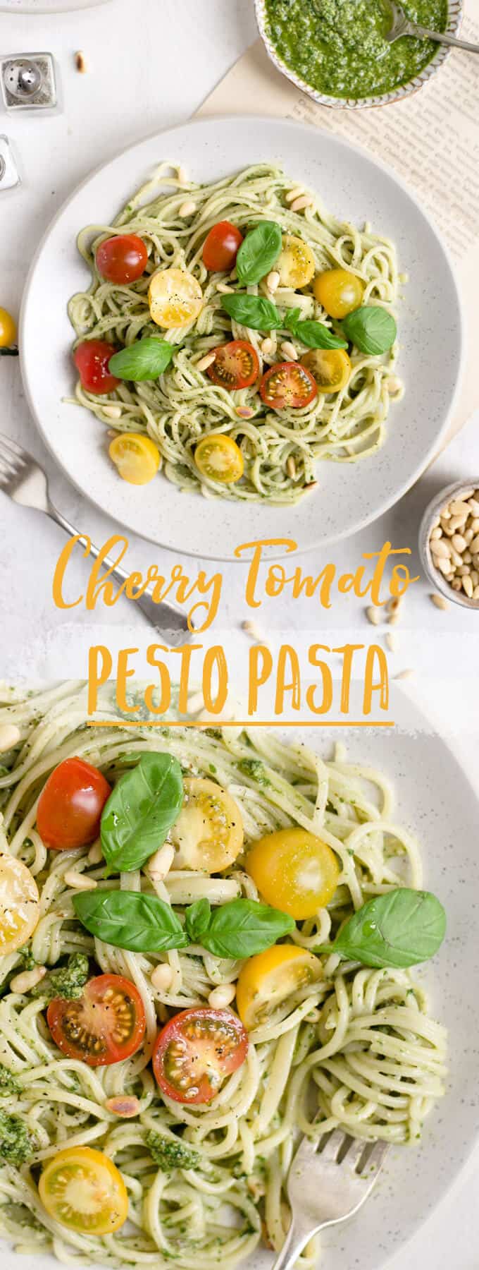 Pesto pasta with cherry tomatoes. Quick and easy idea for lunch or dinner, ready in 15 minutes! #veganrecipe #healthyrecipe #pasta | via @annabanana.co