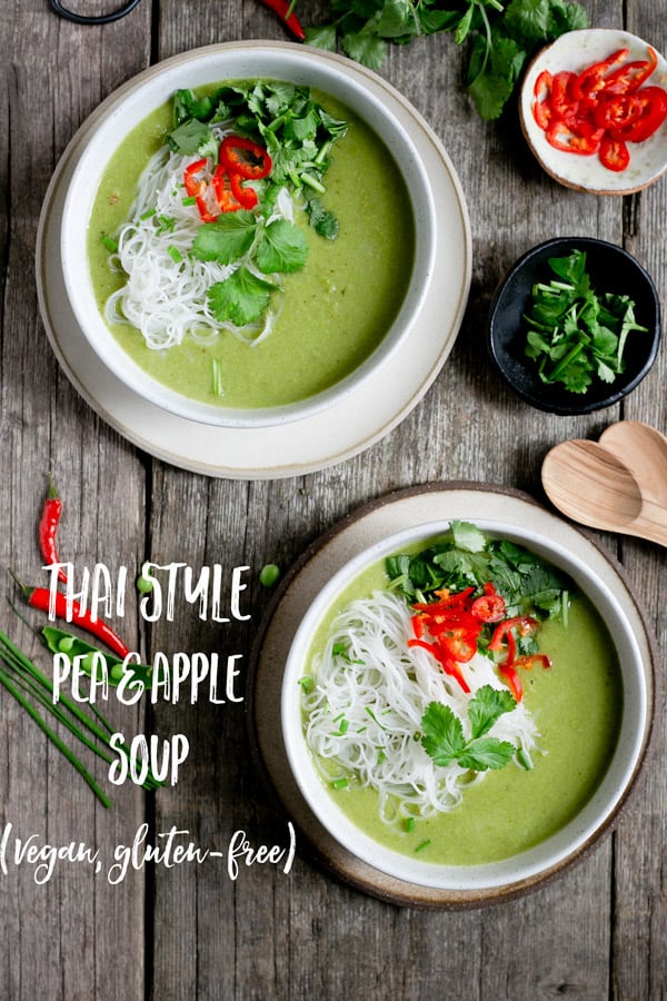 This Thai style pea and apple soup is full of beautiful, aromatic flavours, made with 7 ingredients, and ready in just under 30 minutes! #veganrecipe #healthysoup #easyrecipe | via @annabanana.co
