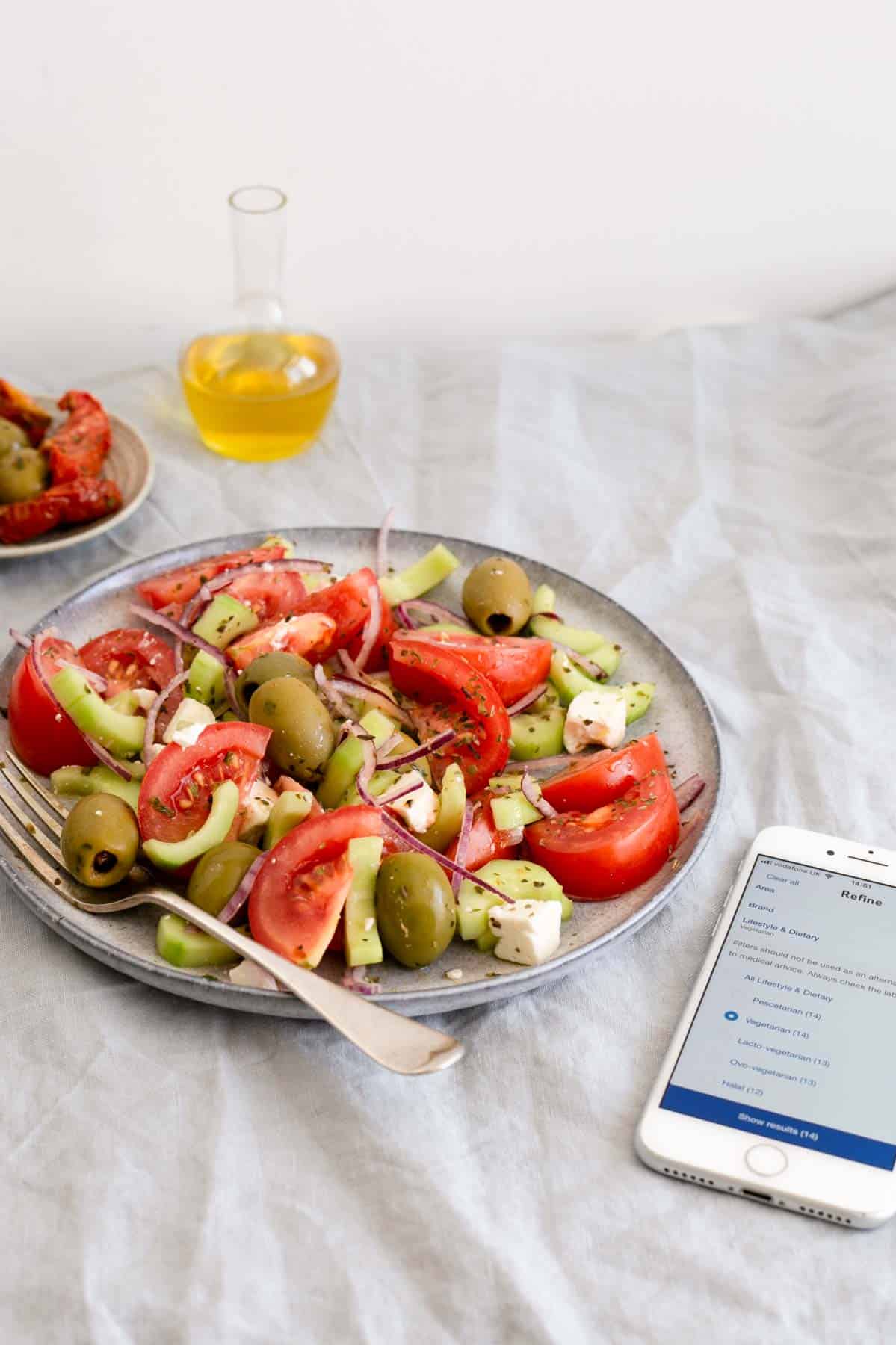 Easy Greek salad with simple ingredients. Buy your groceries with Tesco's app and try their new filtering tools to suit all of your dietary needs!