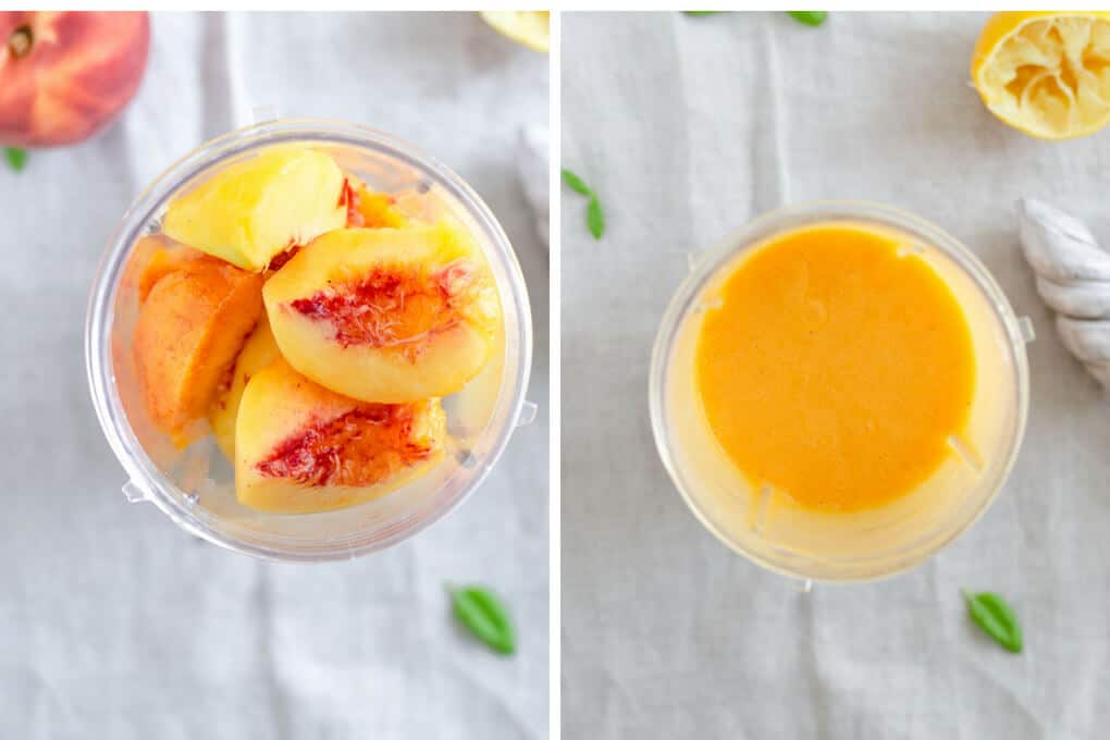 Peach slices in a blender before and after being processed