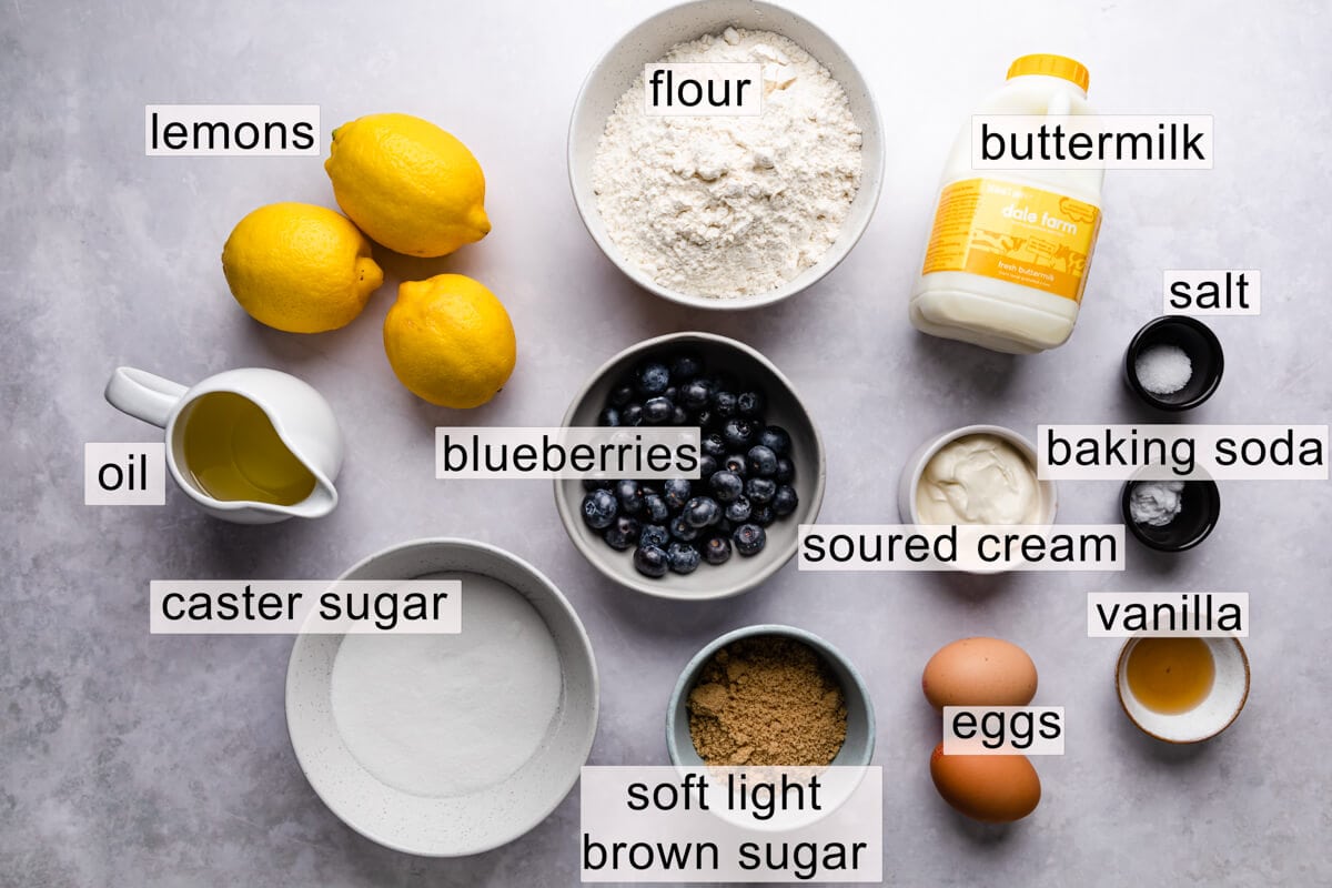 ingredients for the blueberry and lemon muffins with text labels.