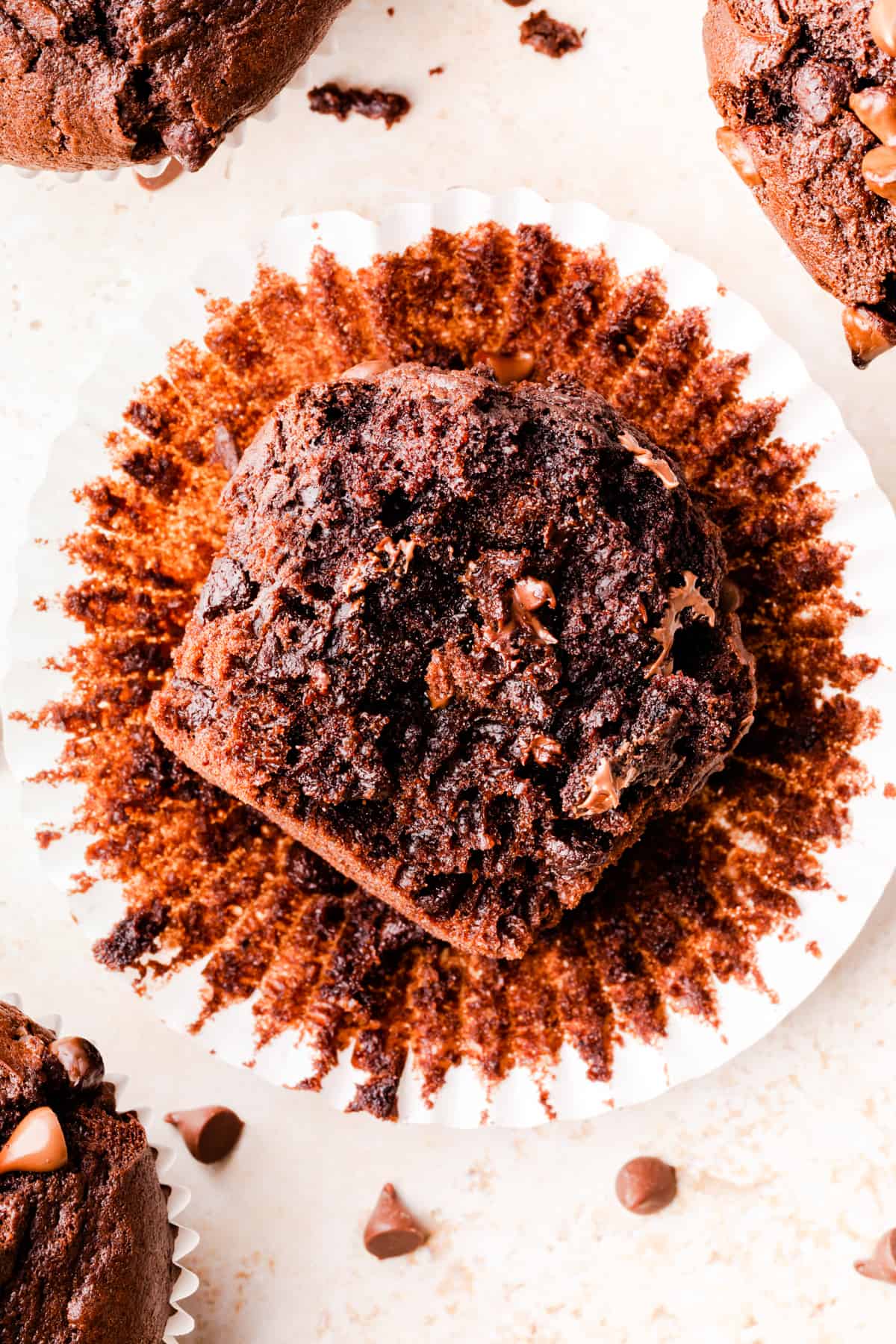 double choc muffin with bite missing revealing moist crumb.