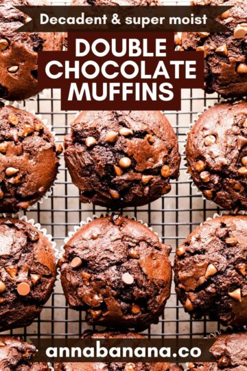 double chocolate muffins on a metal wire rack and with text overlay.