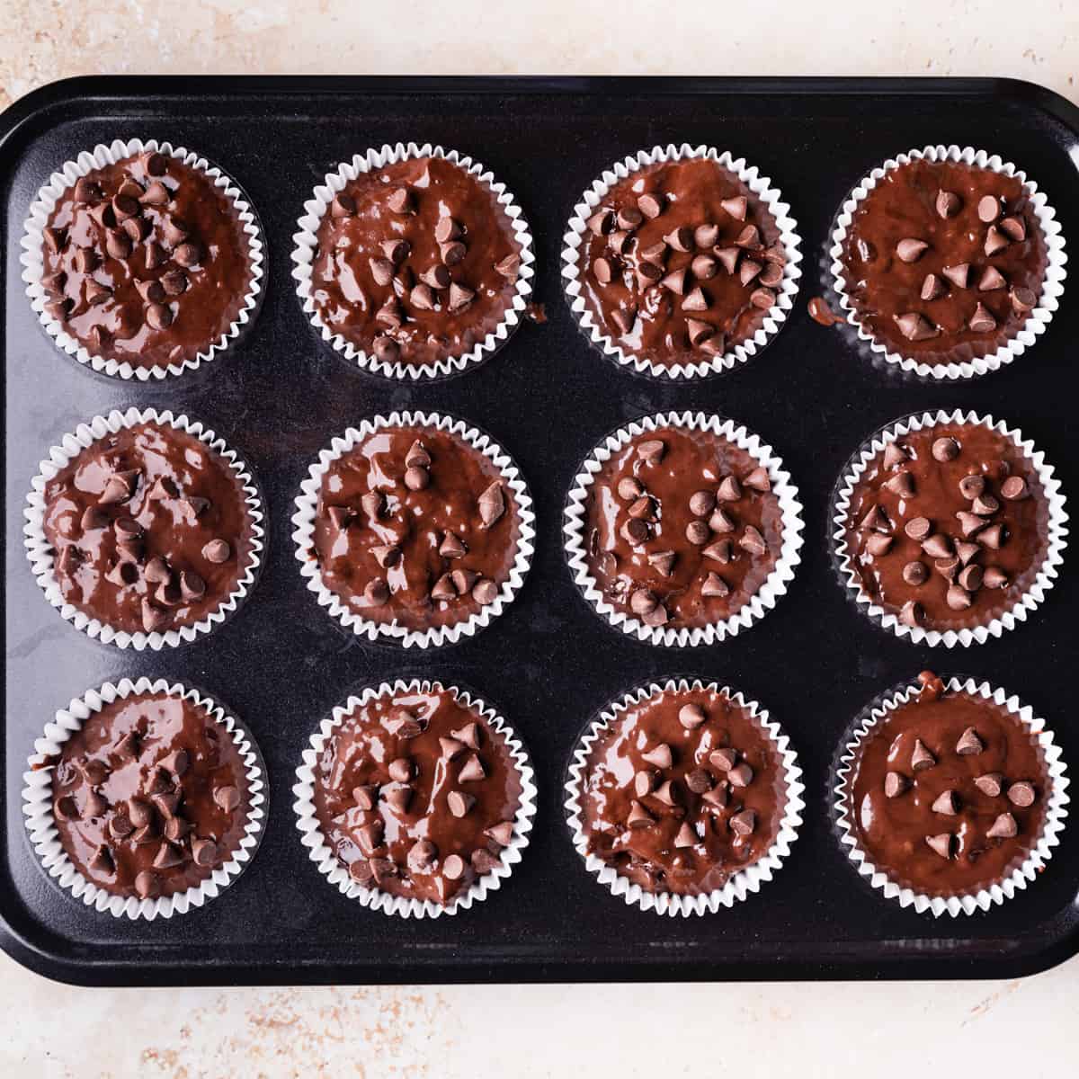 muffin pan filled with chocolate muffin batter topped with extra chocolate chips.