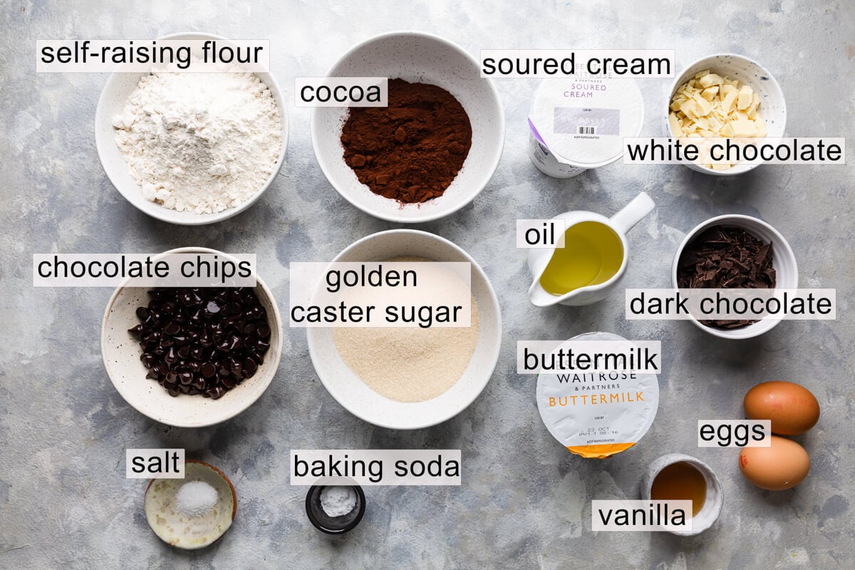 the ingredients for chocolate fudge muffins with text labels.