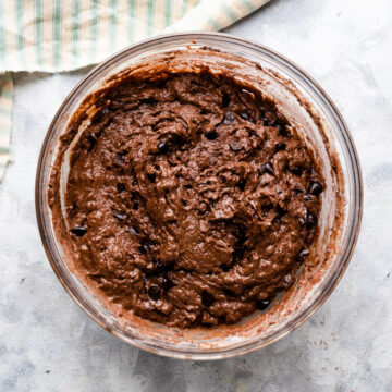 a bowl with chocolate fudge muffins batter.