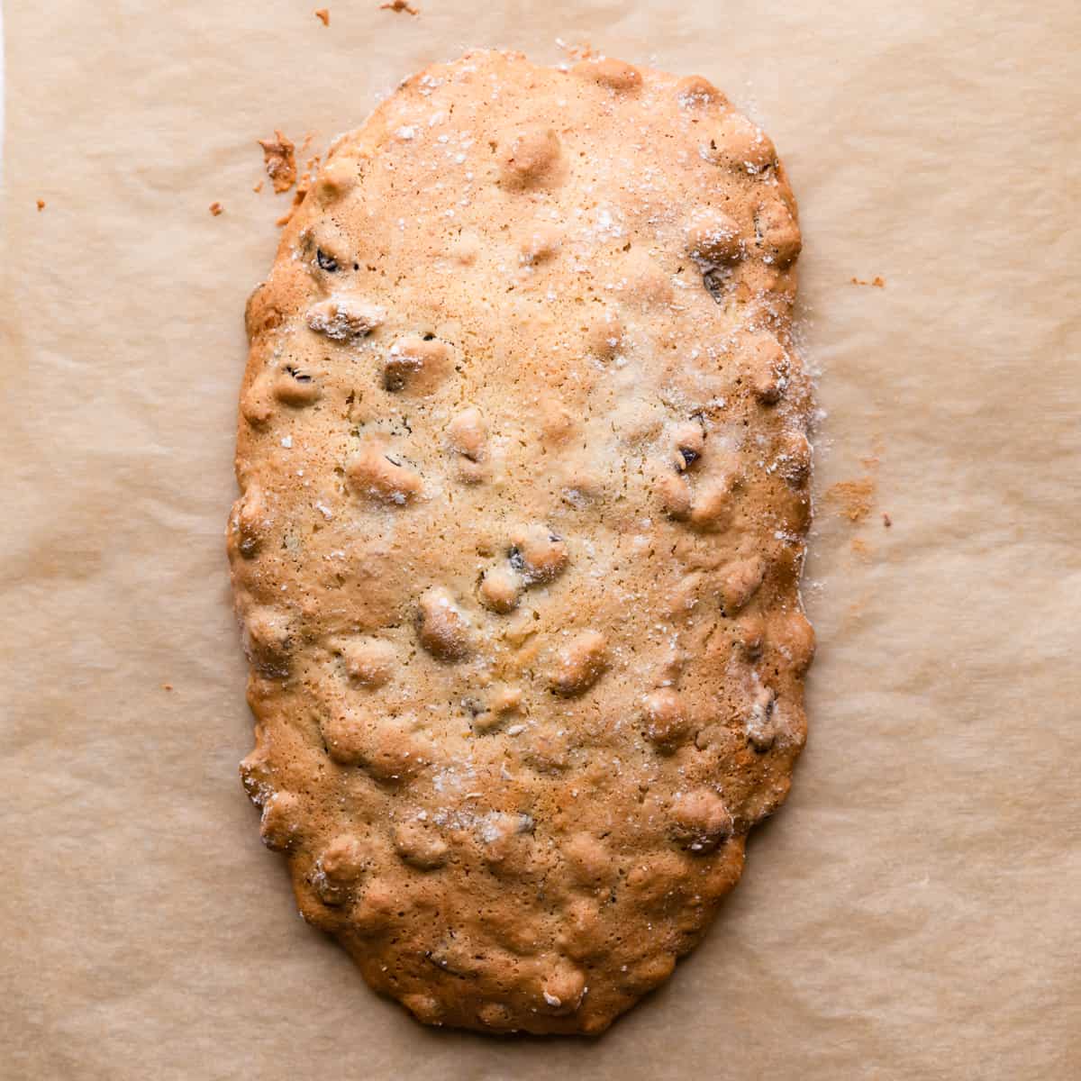 pale brown biscotti dough after being baked once.