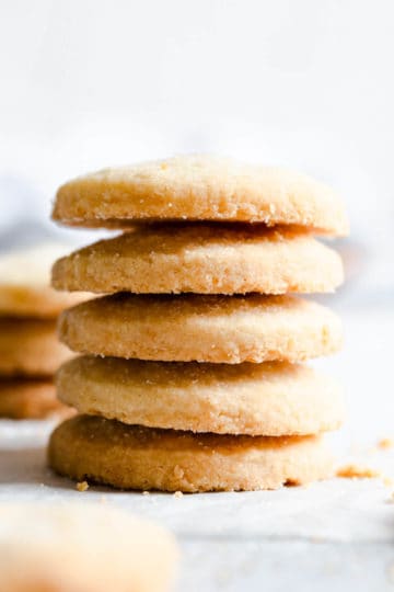 super close up of a stack of 5 shortbread cookies