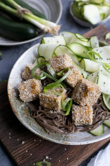 Soba Noodles with Sticky Tofu coated in sesame seeds | via @annabanana.co