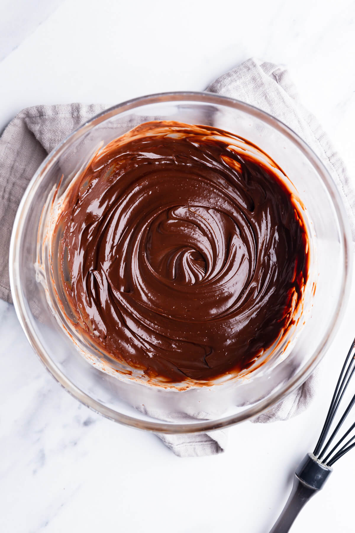 overhead view of a large bowl with chocolate ganache