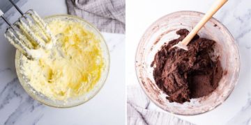 top view side by side images of a bowl with creamed butter and with cookie dough