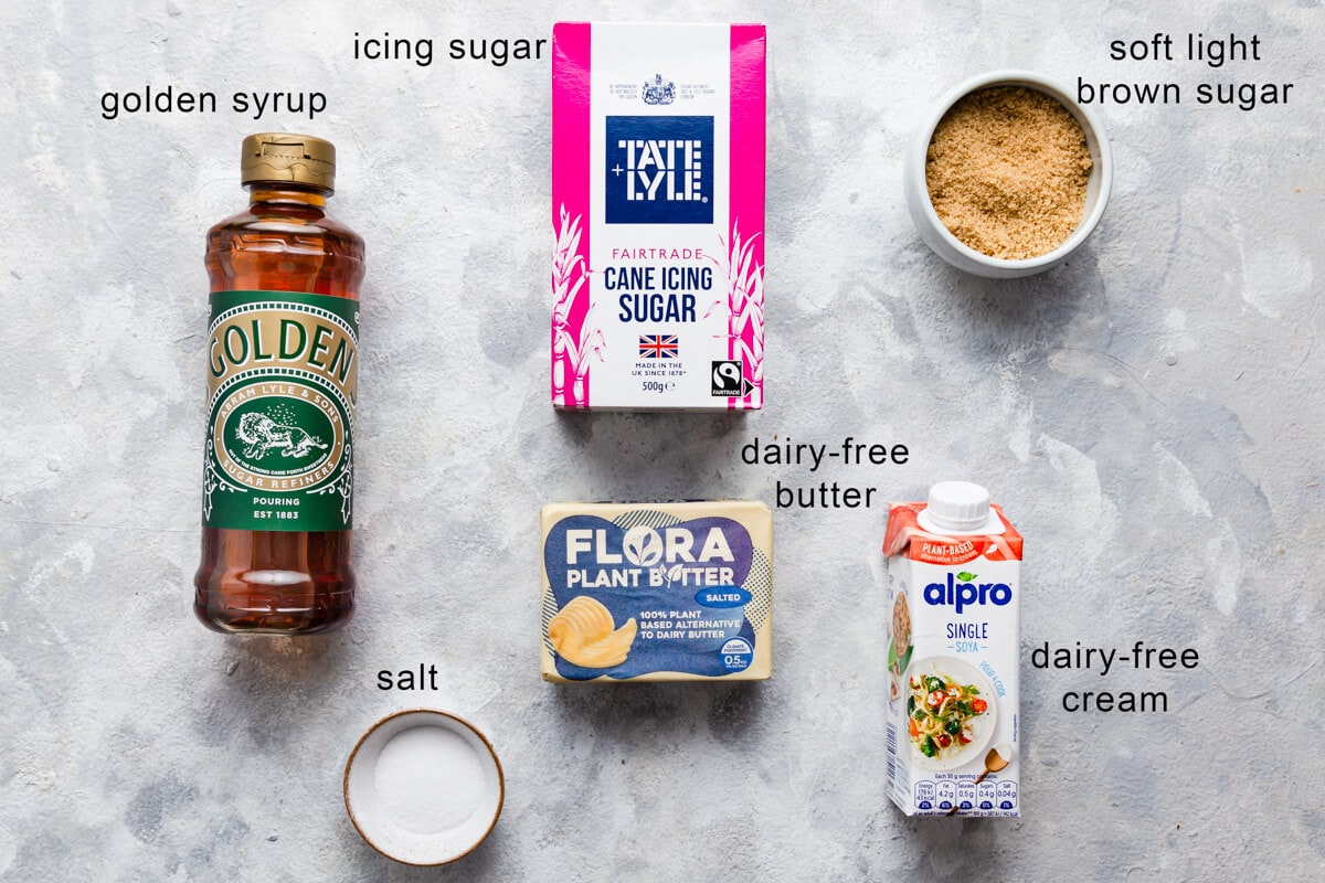 top view of the ingredients for vegan caramel with text labels