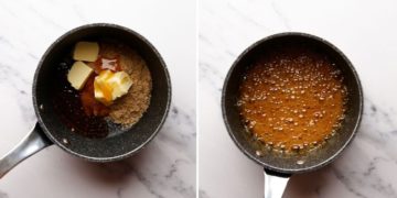 overhead view side by side photos of vegan caramel being made