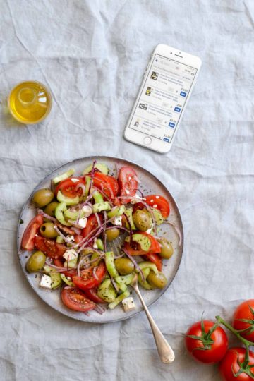 Easy Greek salad, made with 7 simple ingredients, fuss free meal for any day! #saladrecipe #healthysalad #vegetarianrecipe | via @annabanana.co