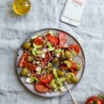 Easy Greek salad, made with 7 simple ingredients, fuss free meal for any day! #saladrecipe #healthysalad #vegetarianrecipe | via @annabanana.co