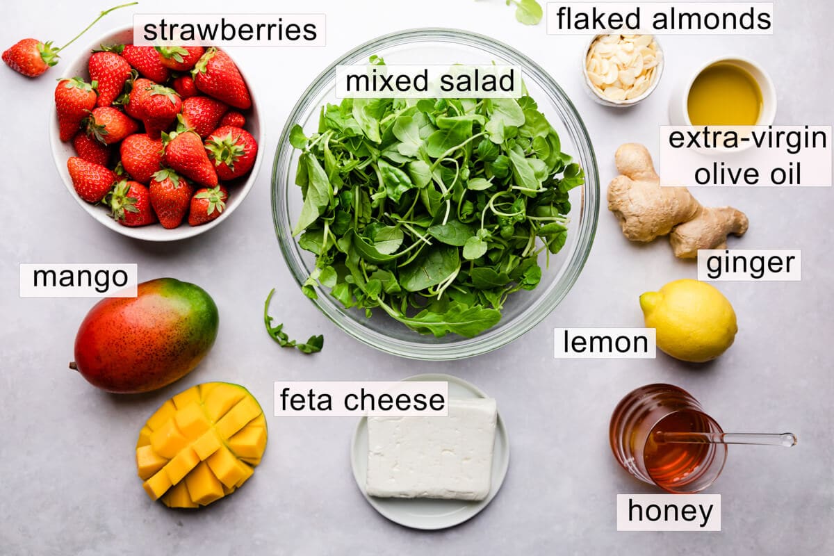 top view photo of the ingredients for strawberry and mango salad with text labels
