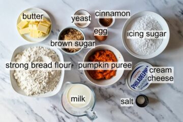 bowls with ingredients for pumpkin cinnamon rolls with text labels.