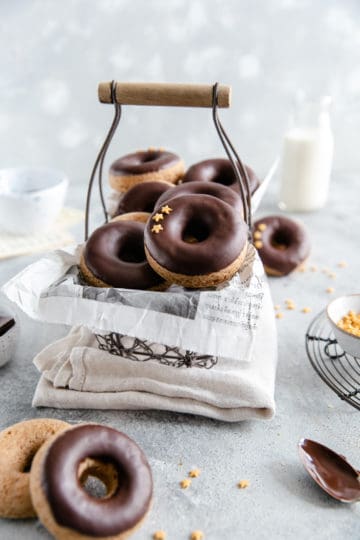 small wired basket filled with baked doughnuts