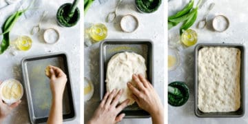 step 2: overhead shots of a person preparing focaccia dough in a baking tin