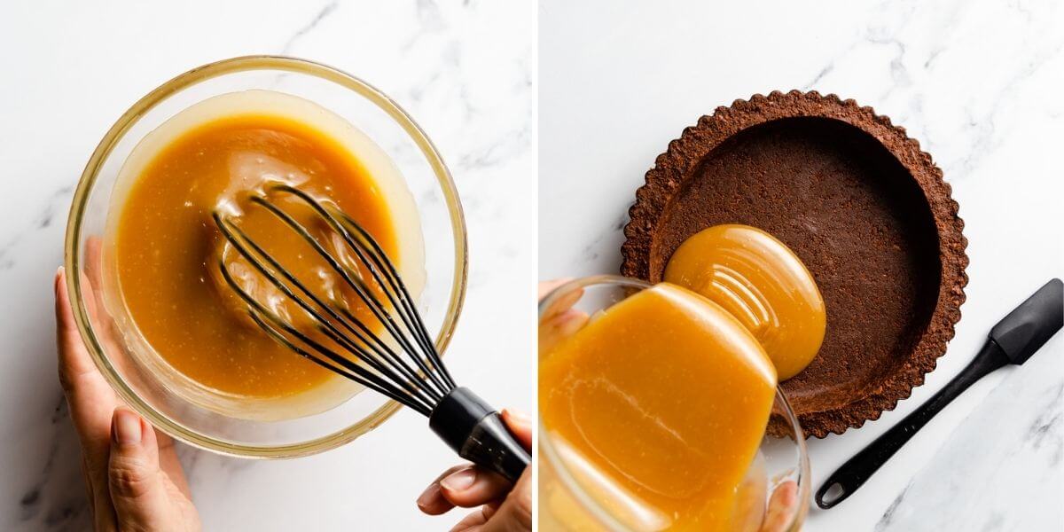 side by side photos showing vegan caramel in a bowl and being poured into pie tin