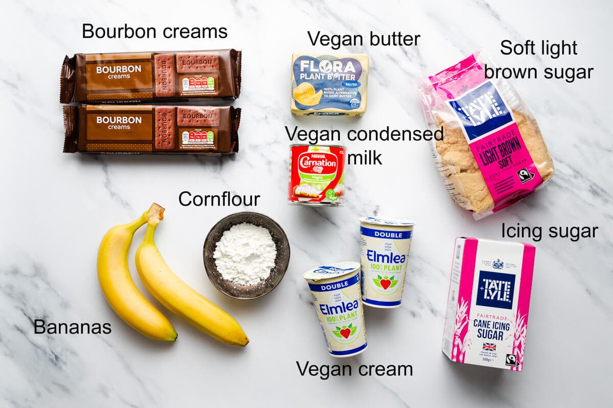 overhead shot of the ingredients for vegan banoffee pie with labels