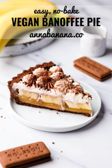side close up at a single slice of vegan banoffee pie on a small plate with text overlay
