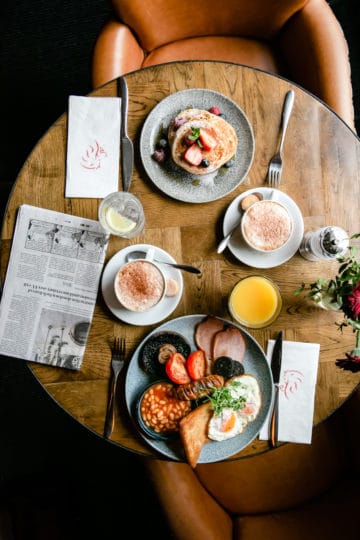 overhead shot of a round table with breakfast dishes and coffee