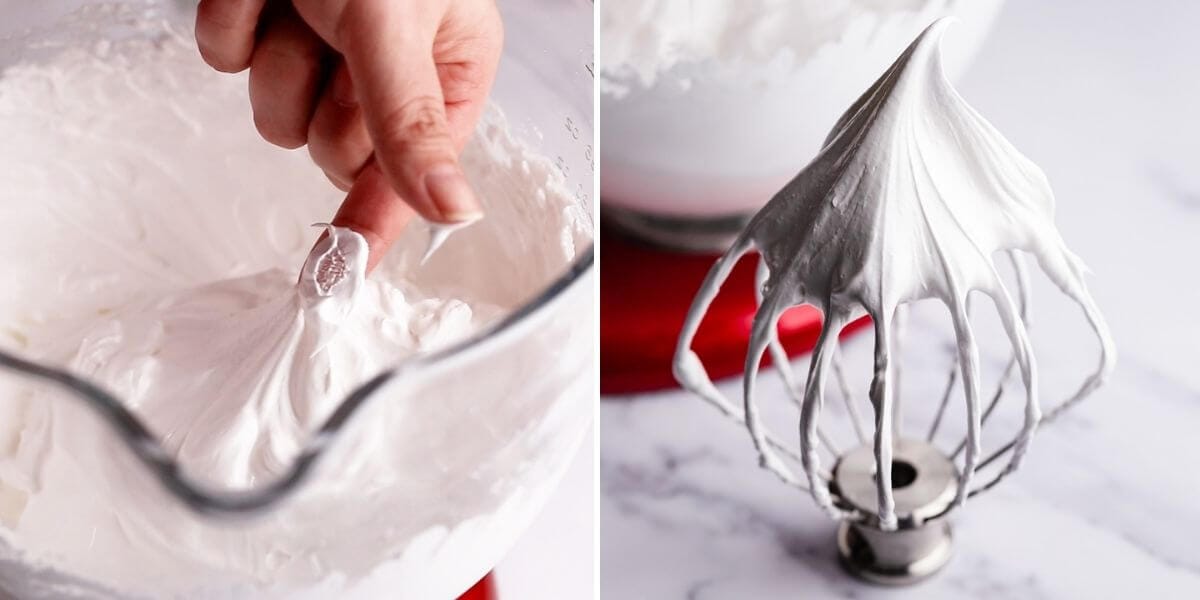Photos showing the process of achieving stiff peaks with egg whites