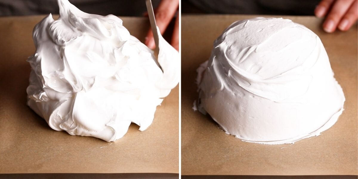 process photos showing shaping of the pavlova meringue