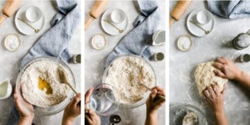 step 1- top views of a person preparing pizza dough, mixing flour in a bowl, adding water and kneading the dough