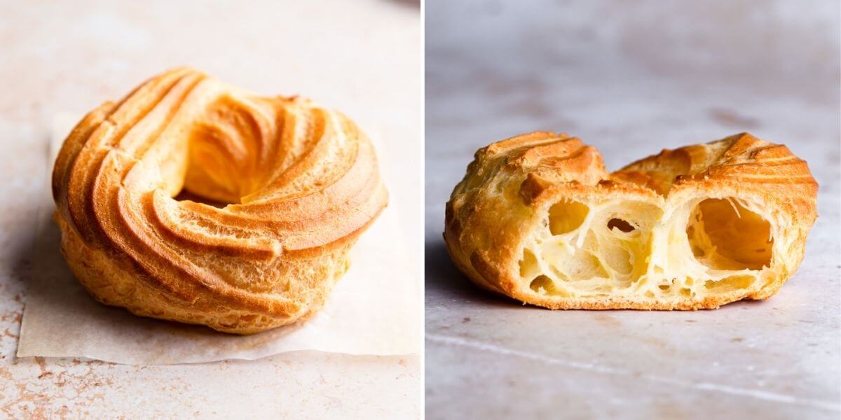 side by side photos showing outside and inside of baked french cruller doughnut