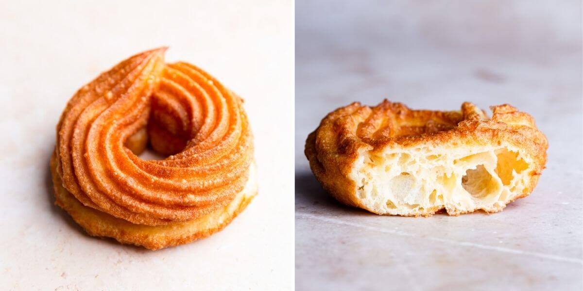 side by side photos showing outside and inside of the deep fried french cruller doughnut