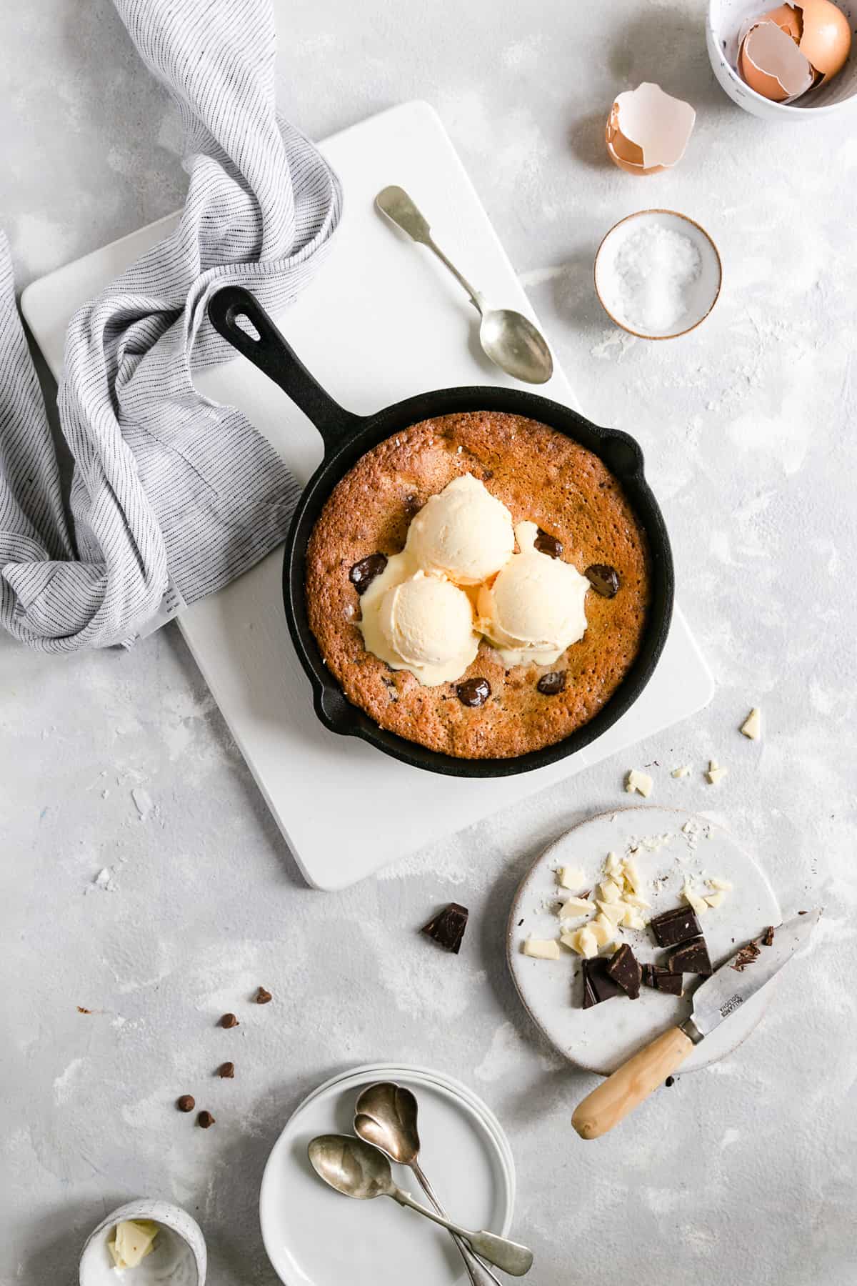 top view of chocolate chip and malted milk skillet cookie