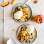 top view of peach cobbler with ice cream