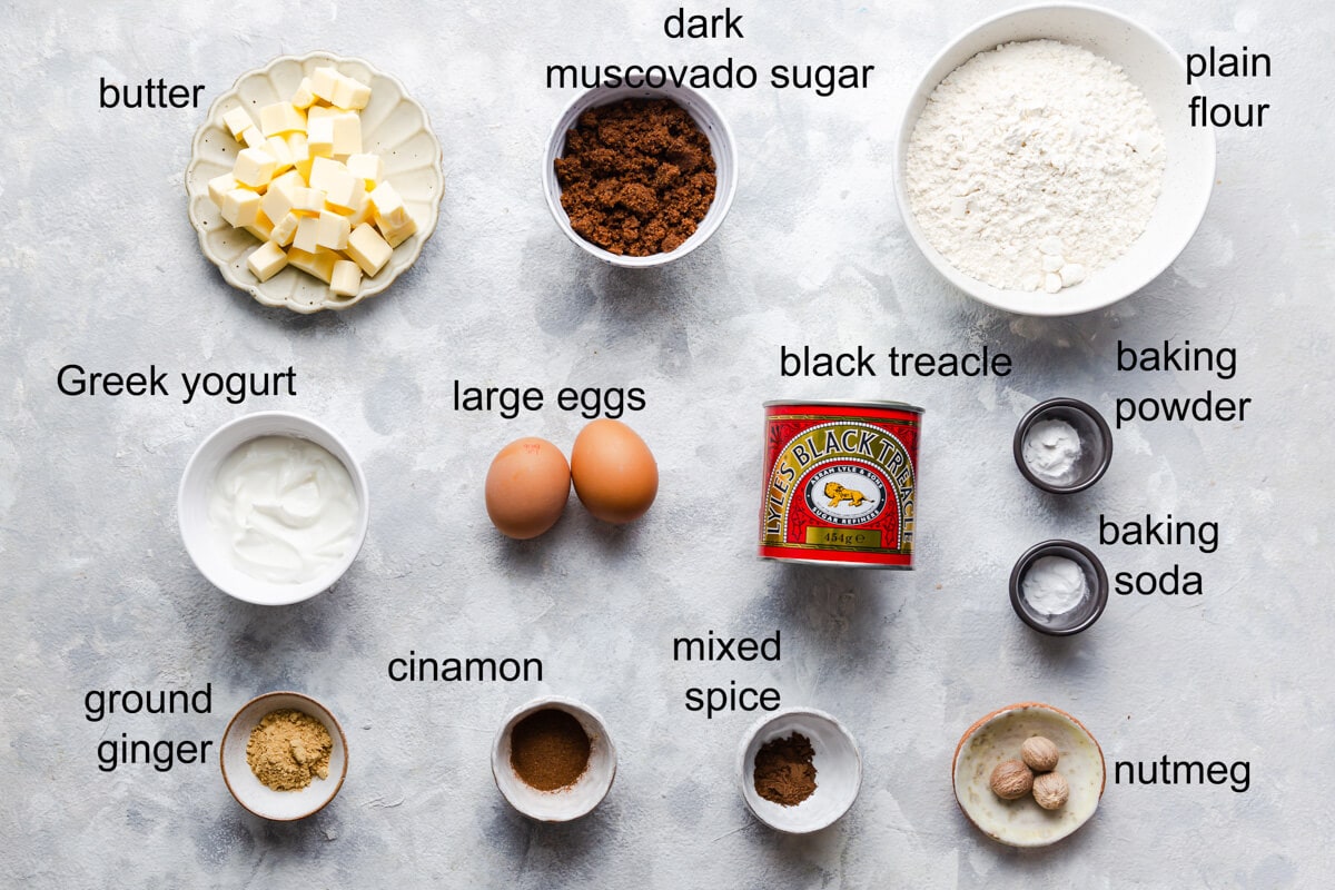 top view of the ingredients with labels text to make gingerbread cupcakes
