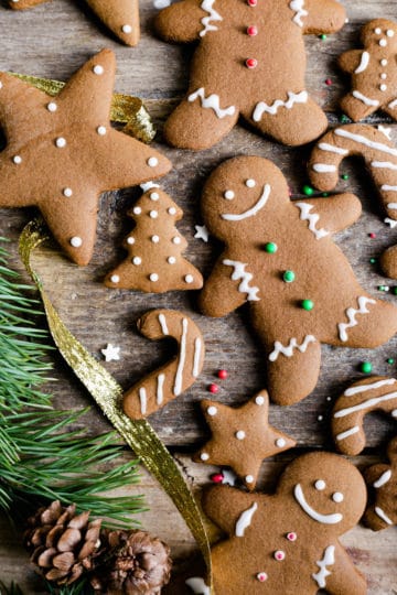 close up overhead shot of festive gingerbread cookies