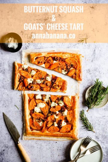 top view of sliced puff pastry tart topped with butternut squash
