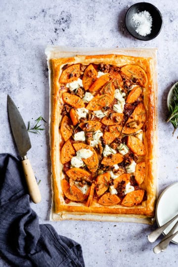 overhead shot of puff pastry tart with butternut squash